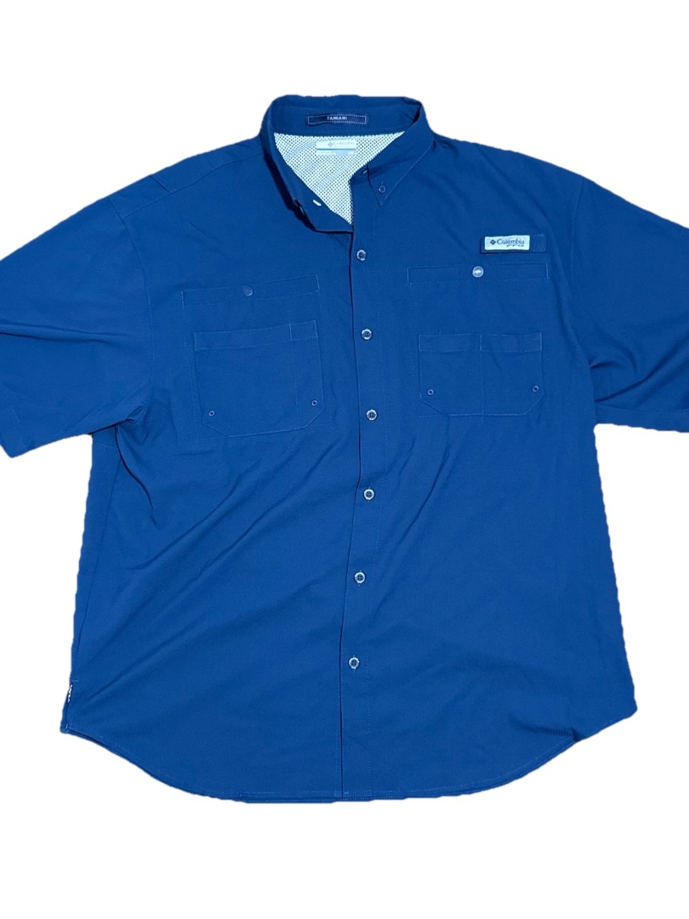 Columbia PFG Fishing Shirt Tamiami Blue Short Sleeve Mens L Vented Omni Shade